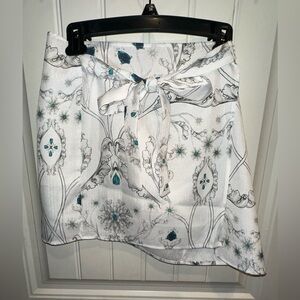 White Floral Tie-Waist wrap around skirt with Teal Accents